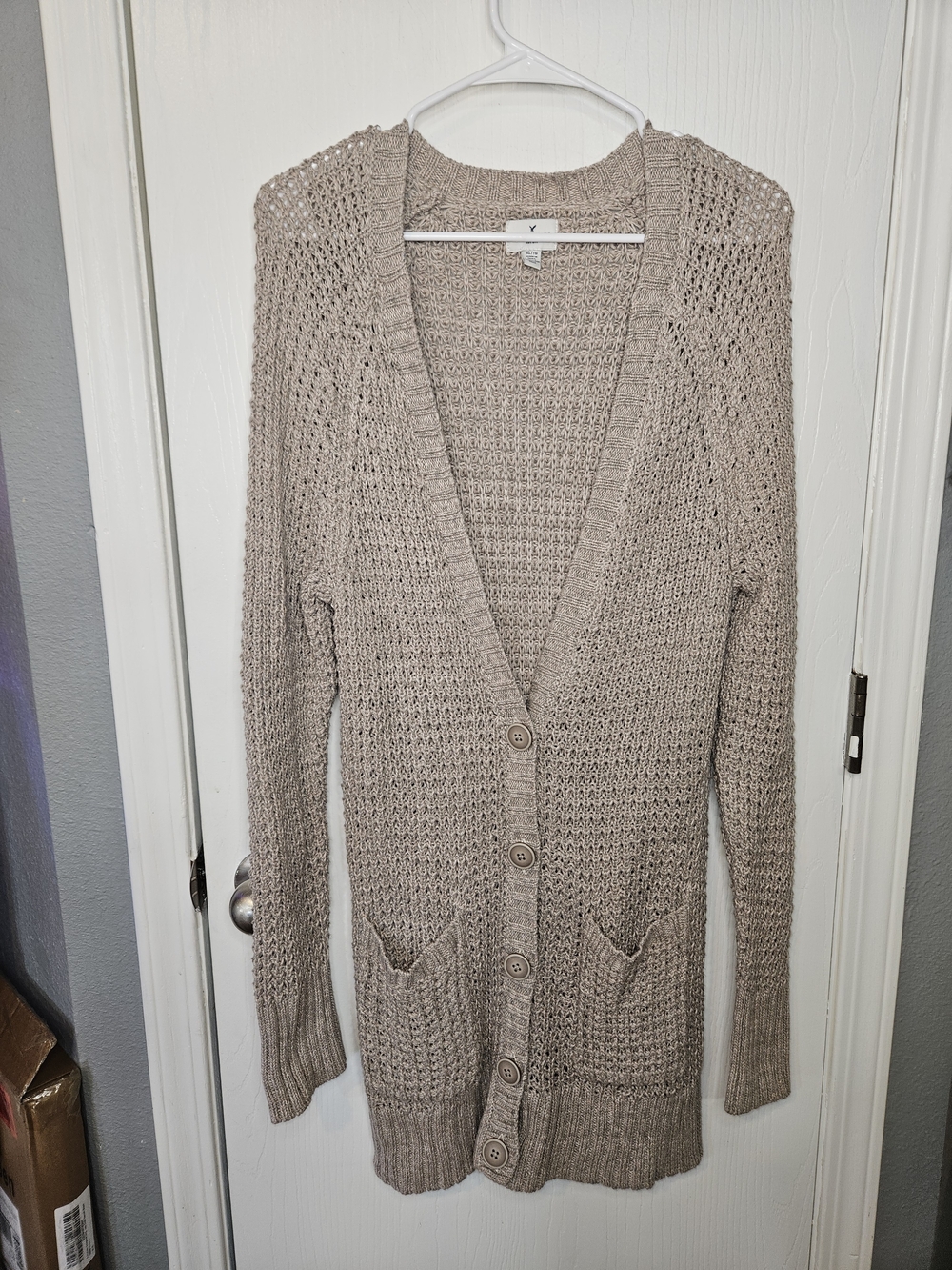 Light Taupe Open-Knit Button Cardigan Sweater